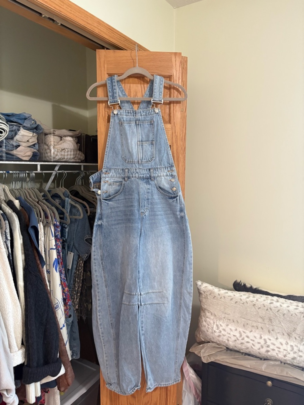 Light Wash Denim Barrel Overalls